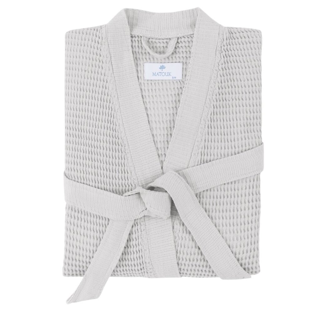 Matouk Kiran Waffle Knit Robe Womens Size XS Silver Pockets Cotton/Bamboo Luxe